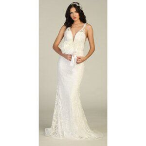 Ivory Wedding Long V-Neckline Sleeveless Mermaid Dress By May Queen MQ1758B
